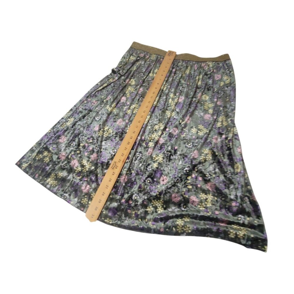 ModCloth Floral Pleated  Green Velvet Skirt 1X Gold Waistband Retro Fairycore - Picture 5 of 16